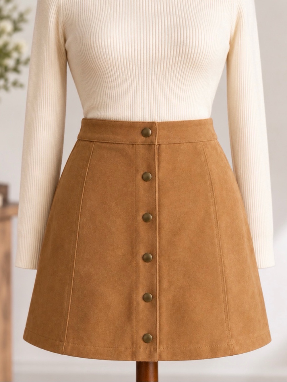 Camel Faux Suede Snap Front Mini Skirt Size L 70s Inspired